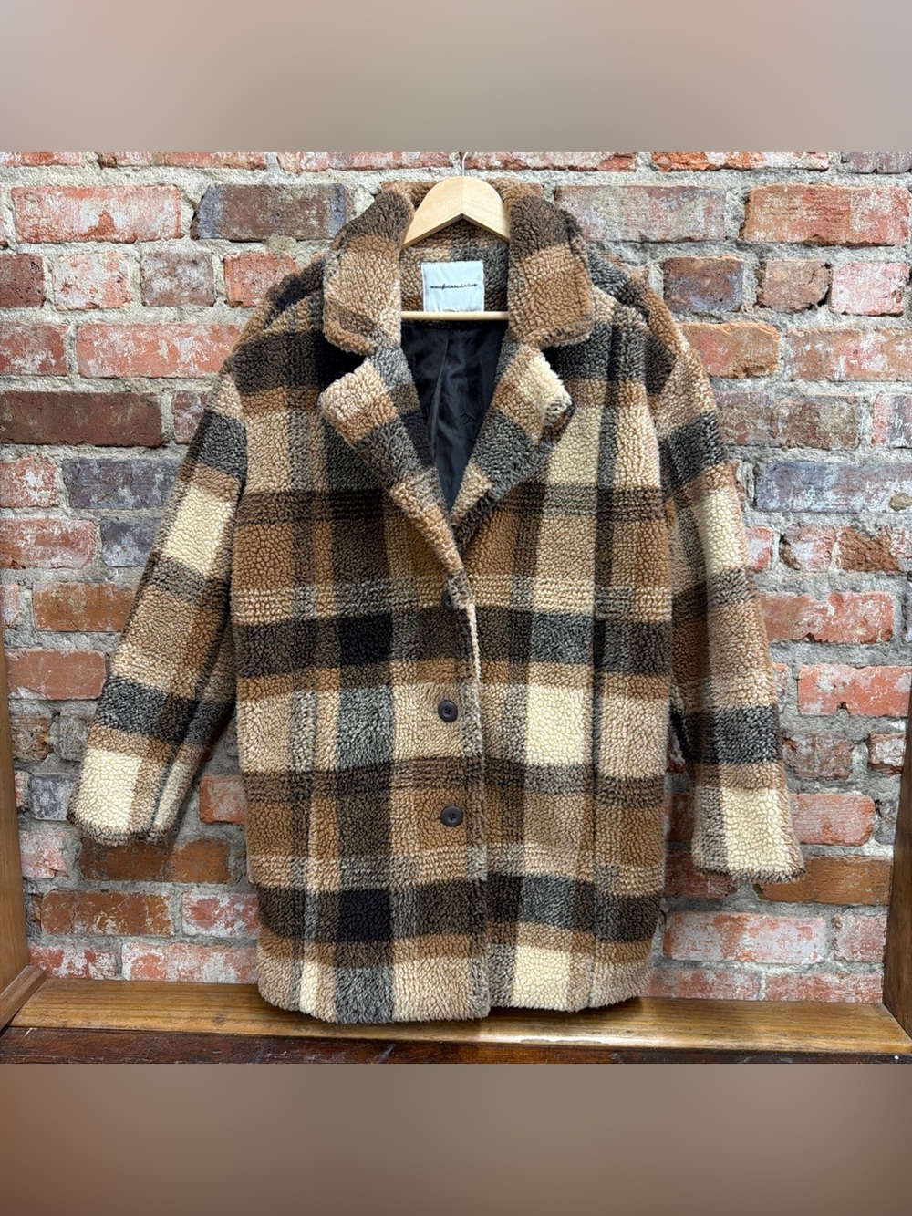 American Eagle Plaid Teddy Coat in Brown & Cream - Women’s Oversized Jacket